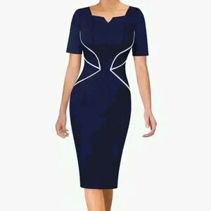 VFSHOW | Women's Navy/White Notch V Neckline Colorblock Piping Midi Dress